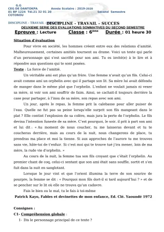 Première page de Français 6e, 5e, 4e ML&MC, 3e, 3e ML — 2e évaluation sommative, 2e semestre (2019-2020) · CEG Dantokpa