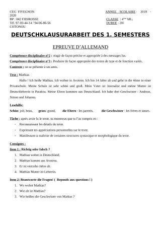 Première page de Devoir surveillé de ALLEMAND — 4e ML — CEG FIYEGNON (2019)