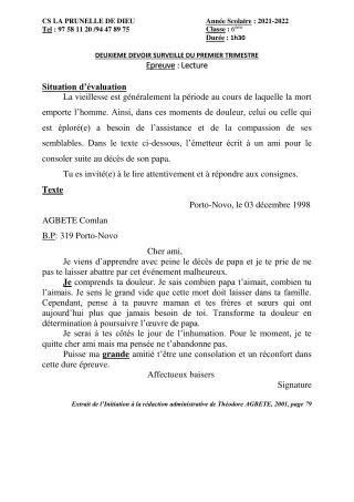 Première page de Français 6e, 5e, 4e — 2e devoir surveillé, 1er trimestre (2021-2022) · CEPG La Prunelle de Dieu