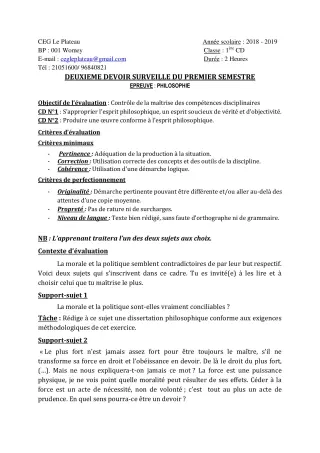 Première page de Philosophie 1ère C — 2e devoir surveillé, 1er semestre (2018-2019) · CEG Le Plateau