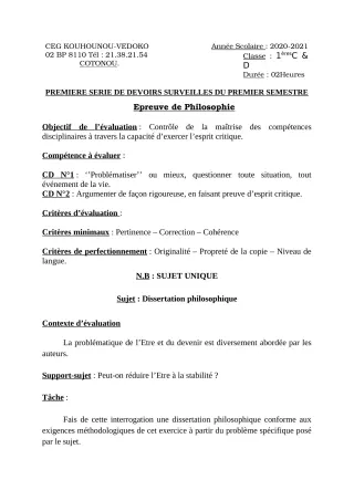 Première page de Philosophie 1ère C, 1ère D — 1er devoir surveillé, 1er semestre (2020-2021) · CEG Kouhounou-Vêdoko