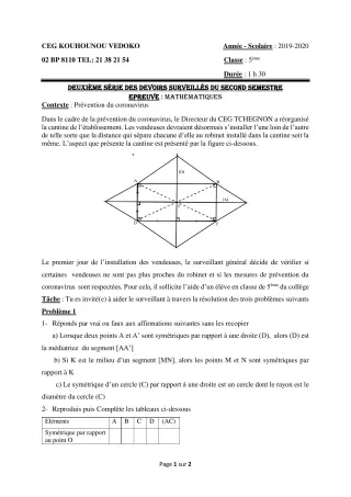 Première page de Mathématiques 5e — 2e devoir surveillé, 2e semestre (2019-2020) · CEG Kouhounou-Vêdoko