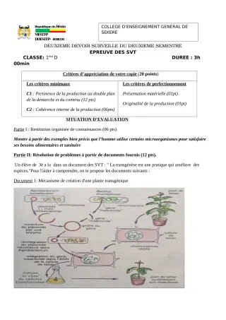 Première page de SVT 1ère D — 2e devoir surveillé, 2e semestre (2022-2023) · CEG SEKERE