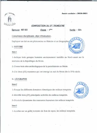 Première page de Histoire-Géographie 5e — 1re composition, 2e trimestre (2020-2021) · CPEG ROSAIRE