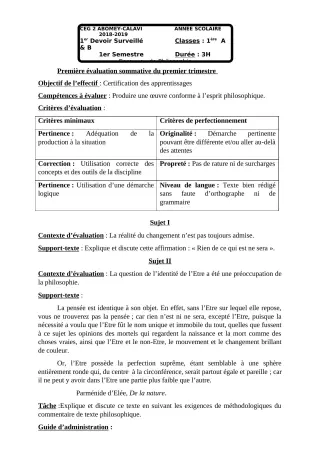 Première page de Philosophie 1ère A1, 1ère A2, 1ère B — 1er devoir surveillé, 1er semestre (2018-2019) · CEG2 ABOMEY - CALAVI (CEG ZOCA)