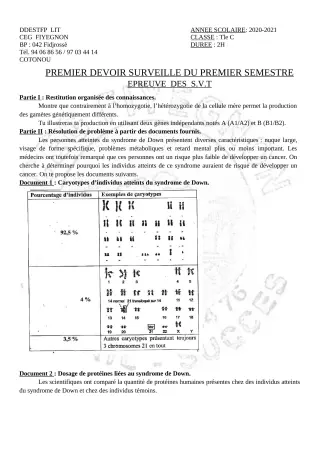 Première page de SVT Tle C — 1er devoir surveillé, 1er semestre (2020-2021) · CEG FIYEGNON