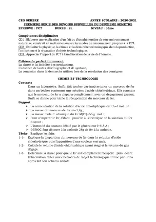 Première page de PCT 3e, 3e ML — 1er devoir surveillé (2020-2021) · CEG SEKERE