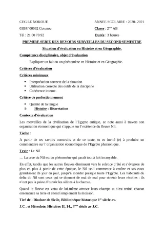 Première page de Histoire-Géographie 2nde A1, 2nde A2, 2nde B — Devoir surveillé, 2e semestre (2020-2021) · CEG LE NOKOUE