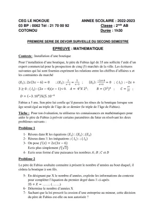 Première page de Mathématiques 2nde A1, 2nde A2, 2nde B — 1er devoir surveillé, 2e semestre (2022-2023) · CEG LE NOKOUE