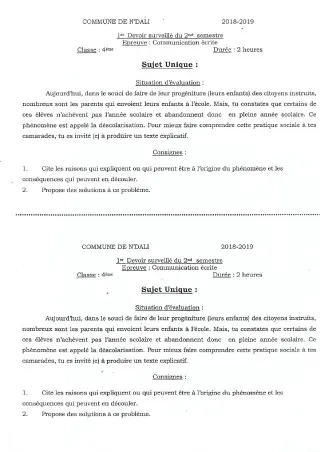 Première page de Français 4e, 4e ML, 3e, 3e ML — Devoir surveillé (2018-2019) · CEG Gbegourou