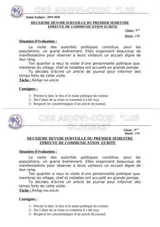 Première page de Français 3e — 2e devoir surveillé, 1er semestre (2019-2020) · CEG ADJOVICODJI 'LES OLIVIERS'