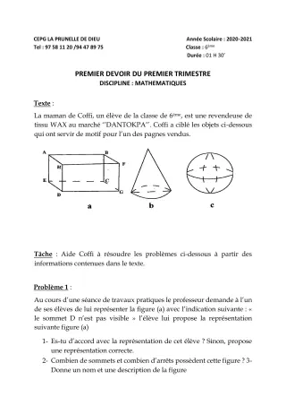 Première page de Mathématiques 6e, 5e, 4e, 3e, 3e ML, 2nde B, 2nde D — 1er devoir surveillé, 1er trimestre (2020-2021) · CEPG La Prunelle de Dieu