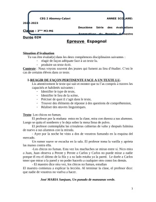 Première page de Espagnol 3e — Évaluation sommative, 1er semestre (2022-2023) · CEG2 ABOMEY - CALAVI (CEG ZOCA)