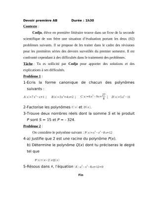 Première page de Mathématiques 1ère A1, 1ère A2, 1ère B — Devoir surveillé, 1er semestre (2020-2021) · CEG PAHOU