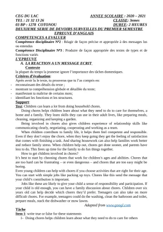 Première page de Anglais 3e, 3e ML — 2e devoir surveillé, 1er semestre (2020-2021) · CEG du Lac