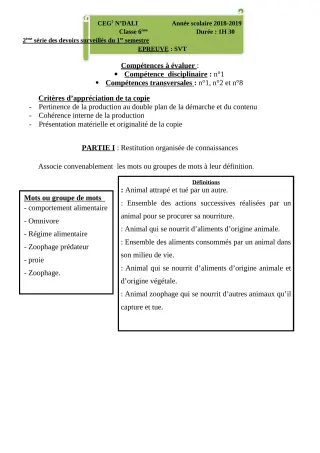 Première page de SVT 6e — Devoir surveillé, 1er semestre (2018-2019) · CEG 2 N'DALI