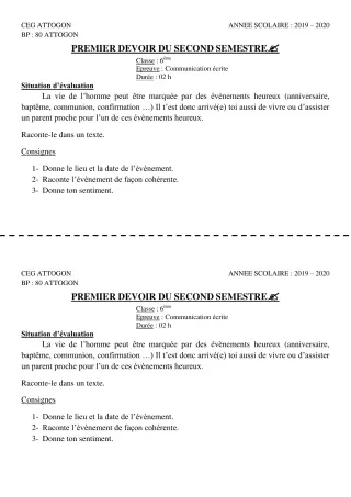 Première page de Français 6e — 1er devoir surveillé, 2e semestre (2019-2020) · CEG Attogon