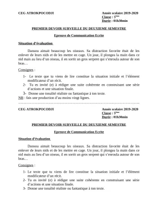 Première page de Français 5e — 1er devoir surveillé, 2e semestre (2019-2020) · CEG ATROKPOCODJI