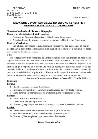 Première page de Histoire-Géographie 6e — 2e devoir surveillé, 2e semestre (2018-2019) · CEG du Lac