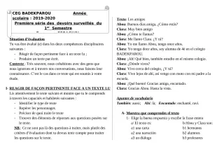Première page de Espagnol 4e ML — 1er devoir surveillé, 1er semestre (2019-2020) · CEG BADEKPAROU