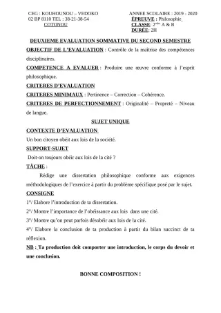Première page de Philosophie 2nde A1, 2nde A2, 2nde B — 2e évaluation sommative, 2e semestre (2019-2020) · CEG Kouhounou-Vêdoko