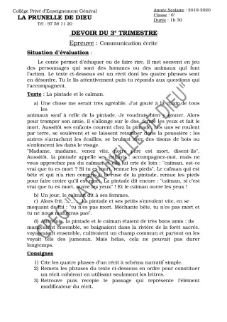 Première page de Français 6e — Devoir surveillé, 3e trimestre (2019-2020) · CEPG La Prunelle de Dieu