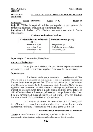 Première page de Philosophie 1ère A2 — 1re production scolaire (2018-2019) · CEG ONIGBOLO