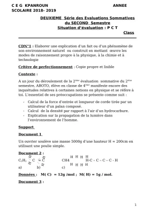 Première page de PCT 4e — 2e évaluation sommative, 2e semestre (2018-2019) · CEG Kpanroun