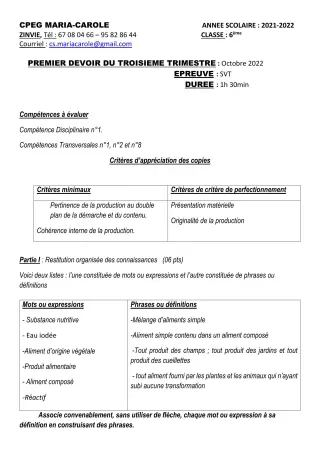 Première page de SVT 6e — 1er devoir surveillé, 3e trimestre (2022-2023) · CPEG MARIA-CAROLE