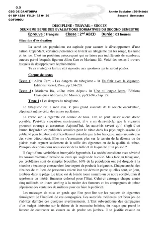 Première page de Français 2nde A, 2nde B, 2nde C, 2nde D, 1ère A2, 1ère B, 1ère C, 1ère D, Tle A1, Tle A2, Tle B, Tle C, Tle D — 2e évaluation sommative, 2e semestre (2019-2020) · CEG Dantokpa