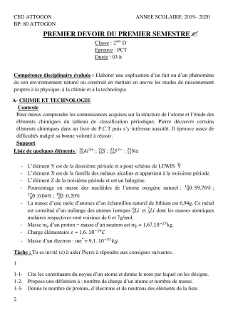 Première page de PCT 2nde D — 1er devoir surveillé, 1er semestre (2019-2020) · CEG Attogon