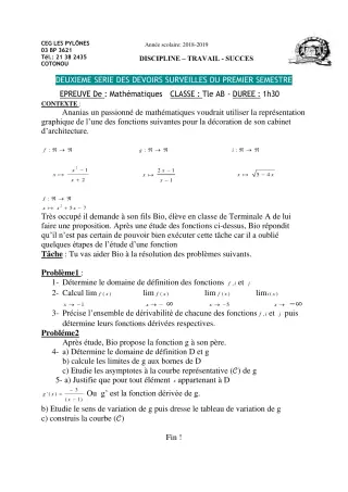 Première page de Mathématiques 6e, 5e, 4e, 4e ML, 3e, 3e ML, 2nde A & B, 2nde C, 2nde D, 1ère A2, 1ère B, 1ère C, 1ère D, Tle A2, Tle B, Tle C, Tle D — 2e devoir surveillé, 1er semestre (2018-2019) · CEG Les Pylônes