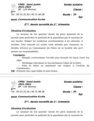 Première page de Français 5e — 2e devoir surveillé, 1er trimestre (2021-2022) · CPEG SAINT Justin