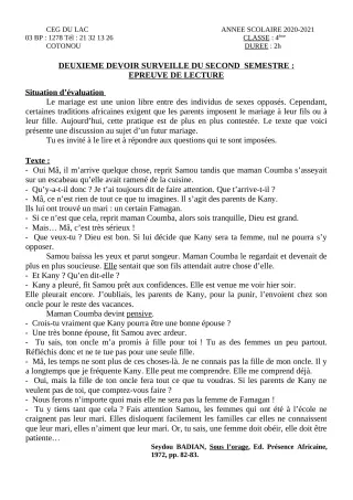 Première page de Français 4e — 2e devoir surveillé, 2e semestre (2020-2021) · CEG du Lac