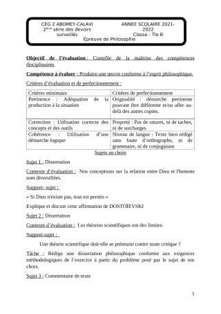 Première page de Philosophie Tle B — 2e devoir surveillé, 2e semestre (2021-2022) · CEG2 ABOMEY - CALAVI (CEG ZOCA)