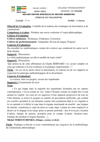 Première page de Philosophie Tle A2 — 2e devoir surveillé, 2e semestre (2020-2021) · CEG SEKERE