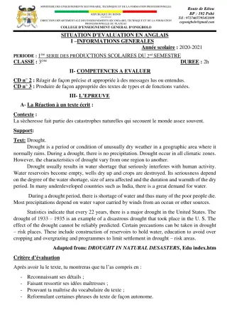 Première page de Anglais 3e, 3e ML — 1re production scolaire, 2e semestre (2020-2021) · CEG ONIGBOLO