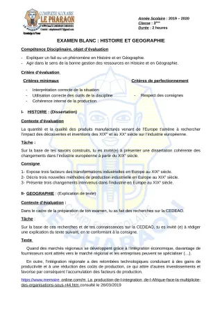 Première page de Examen Blanc de HIST-GEO — 3e, 3e ML — CPEG LE PHARAON (2019)