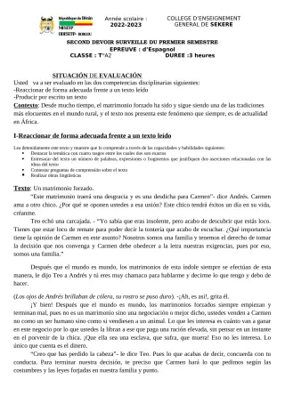 Première page de Espagnol Tle A2 — 2e devoir surveillé, 1er semestre (2022-2023) · CEG SEKERE