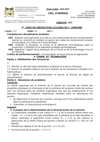 Première page de PCT 1ère C — 1re production scolaire, 1er semestre (2022-2023) · CEG1 Ikpinlè