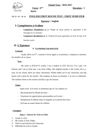 Première page de Devoir surveillé de ANGLAIS — 6e — CEG Sô-Ava (2018)