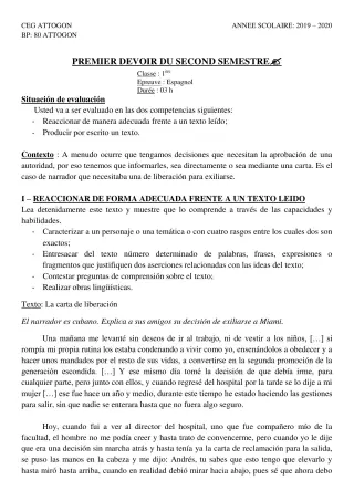 Première page de Espagnol 1ère A & B, 1ère A1, 1ère A2, 1ère B — 1er devoir surveillé, 2e semestre (2019-2020) · CEG Attogon