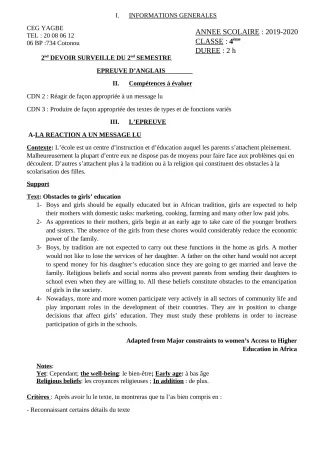 Première page de Anglais 4e, 4e ML — 2e devoir surveillé, 2e semestre (2019-2020) · CEG Yagbe