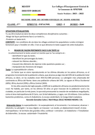 Première page de Espagnol 3e ML — 2e devoir surveillé, 2e semestre (2021-2022) · CEG SEKERE