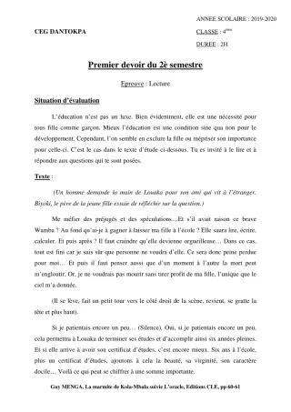 Première page de Français 4e ML&MC — 1er devoir surveillé, 2e semestre (2019-2020) · CEG Dantokpa