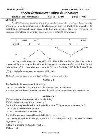 Première page de Mathématiques Tle A2 — 1re production scolaire, 1er semestre (2022-2023) · CEG GOHO