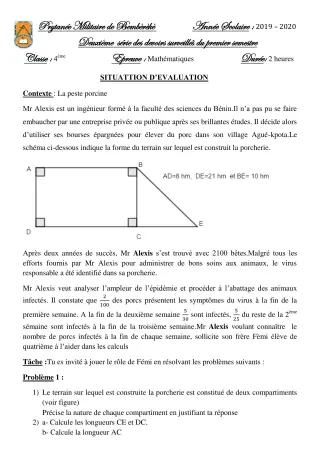 Première page de Mathématiques 4e — 2e devoir surveillé, 1er semestre (2019-2020) · PMB