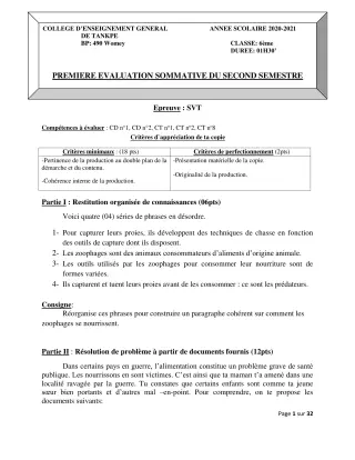 Première page de SVT 6e, 5e, 4e, 4e ML, 3e, 3e ML, 2nde A2, 2nde B, 2nde C, 2nde D, 1ère A2, 1ère B, 1ère C, 1ère D, Tle A1, Tle A2, Tle B, Tle C, Tle D — 1re évaluation sommative, 2e semestre (2020-2021) · CEG Tankpè