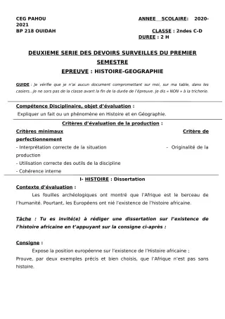 Première page de Histoire-Géographie 2nde C, 2nde D — 2e devoir surveillé, 1er semestre (2020-2021) · CEG PAHOU