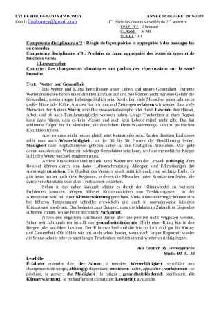 Première page de Allemand 2nde A & B, 1ère A & B, Tle A & B — Devoir surveillé, 2e semestre (2019-2020) · Lycée Houegbadja d'Abomey (Ex Mafory Bangoura)